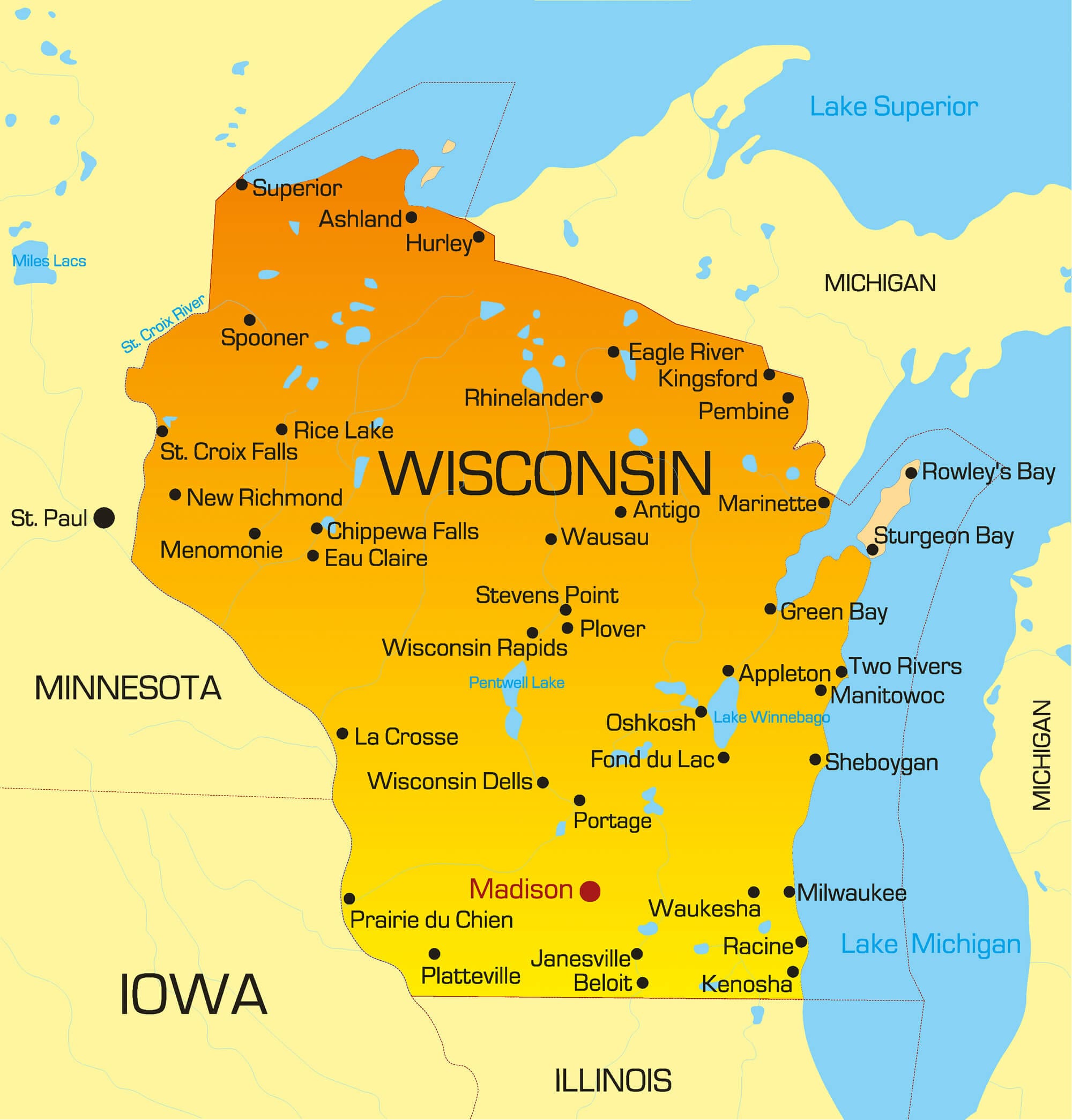 A map of wisconsin with the state highlighted in orange.